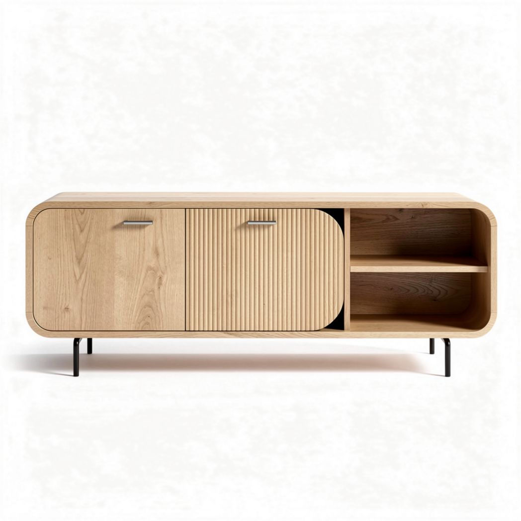 Wooden sideboard with two doors and open shelving measures 150 x 40 x 70cm