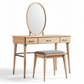Wooden vanity table with oval mirror and upholstered stool natural finish 100 x 50 x 75cm