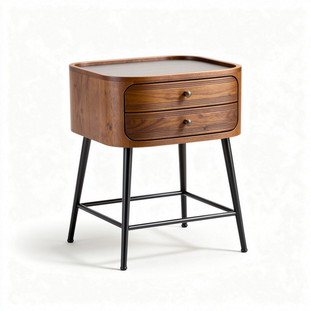 Mid-century modern nightstand with wood finish and metal legs 45 x 35 x 60cm