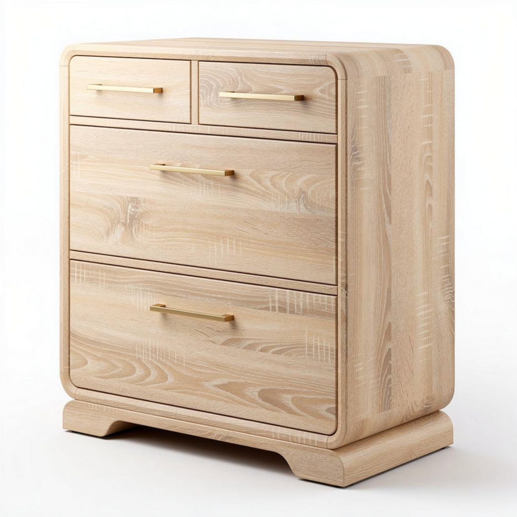 Natural wood nightstand with three drawers and gold handles 70 x 50 x 80cm