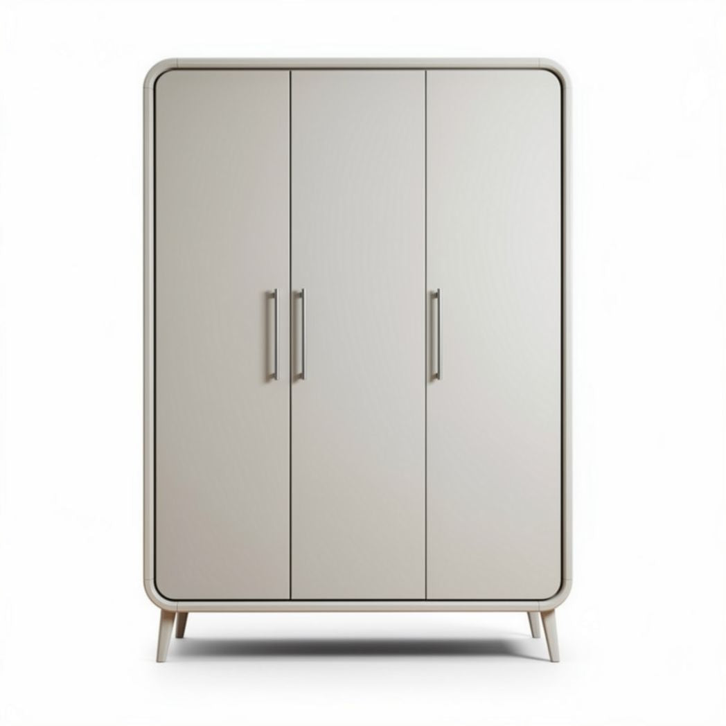 Three-door wardrobe in light gray finish with wooden legs 150 x 120 x 45cm