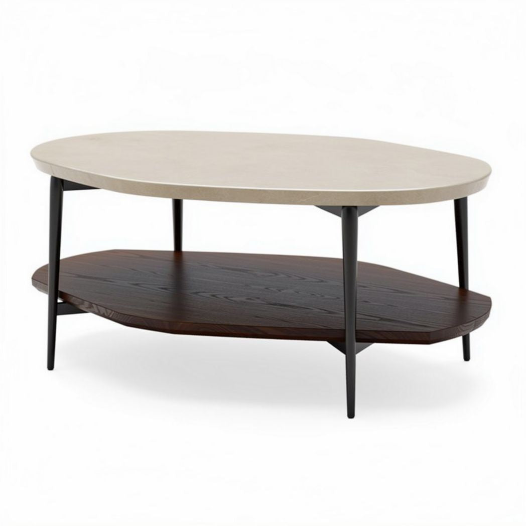 Oval coffee table with marble top and wooden lower shelf 120 x 80 x 40cm
