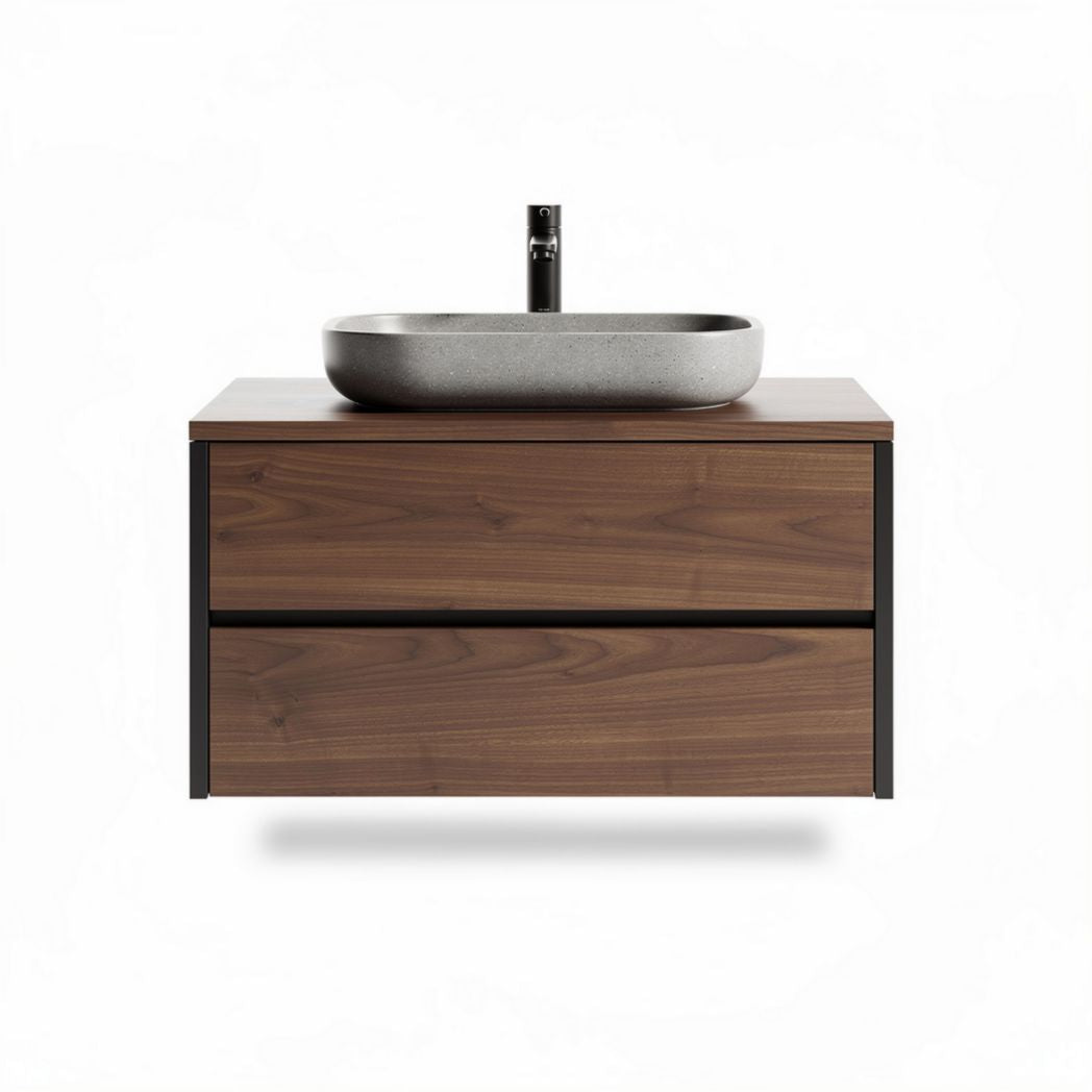 Walnut bathroom vanity with stone sink and dual drawer storage 80 x 45 x 20cm