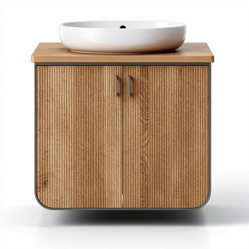 Wooden bathroom vanity cabinet with round ceramic sink 80 x 50 x 90cm