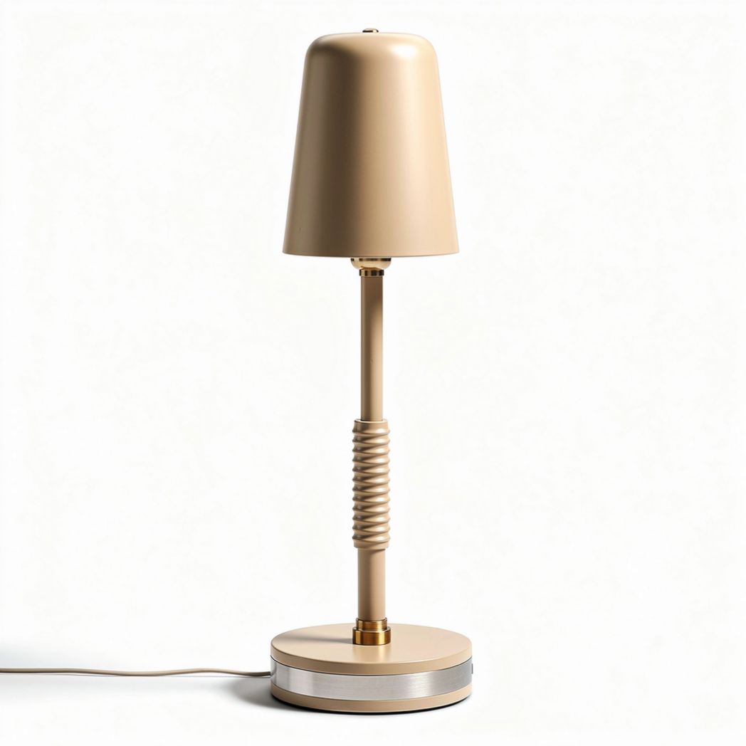 Table lamp with beige shade and metal base measuring 25 x 25 x 50cm
