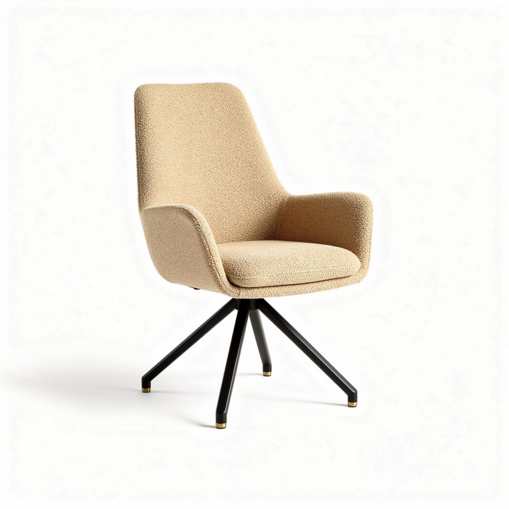 Upholstered dining chair with armrests in beige fabric and black metal base 60 x 60 x 85cm