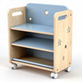 Kids wooden storage cart with two shelves and star cutouts in blue and natural wood, 80 x 40 x 85cm
