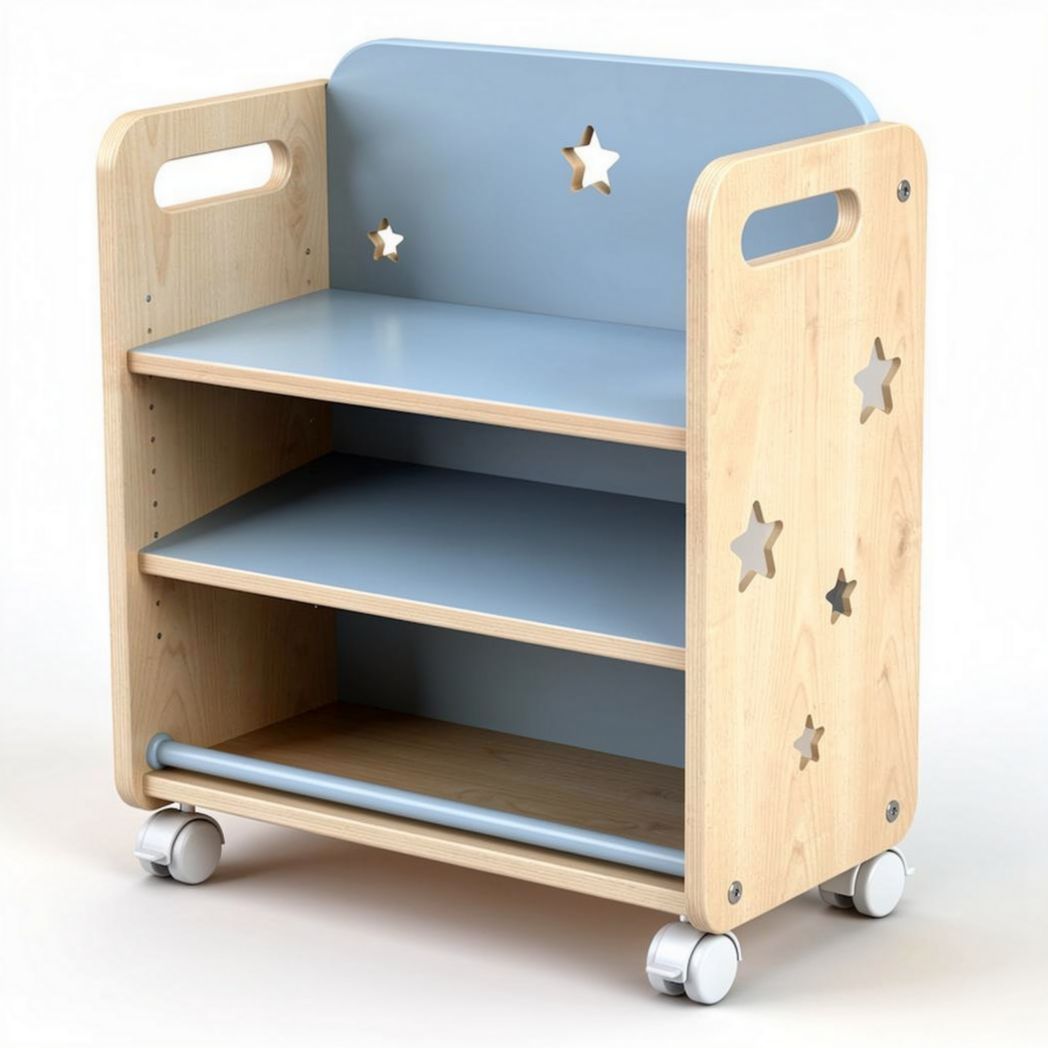 Kids wooden storage cart with two shelves and star cutouts in blue and natural wood, 80 x 40 x 85cm