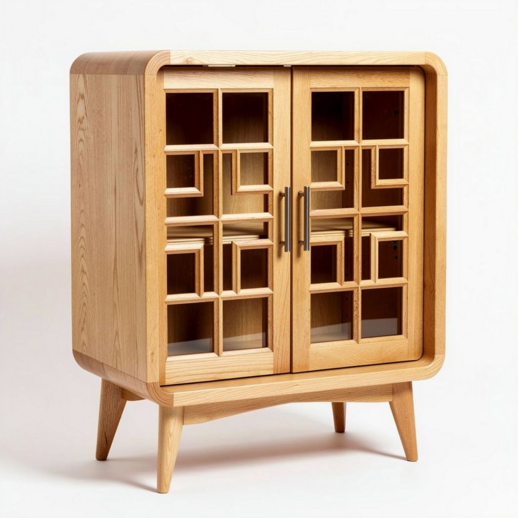 Wooden display cabinet with geometric glass doors 80 x 40 x 100cm